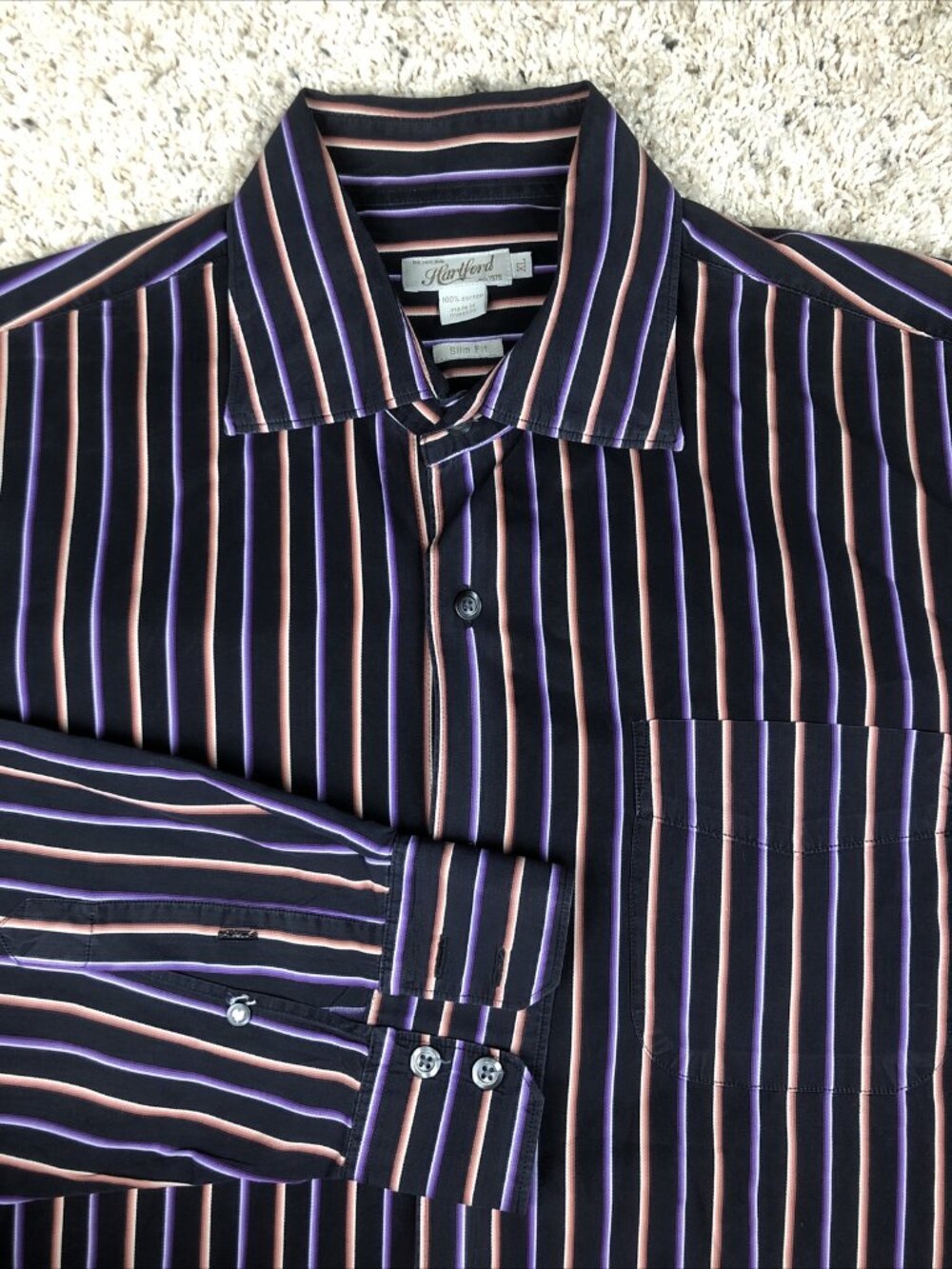 Hartford Slim Fit XL Long Sleeve Button Up Shirt W Pocket Purple Black Striped